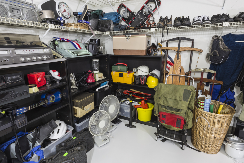 Busy and cluttered basement or garage